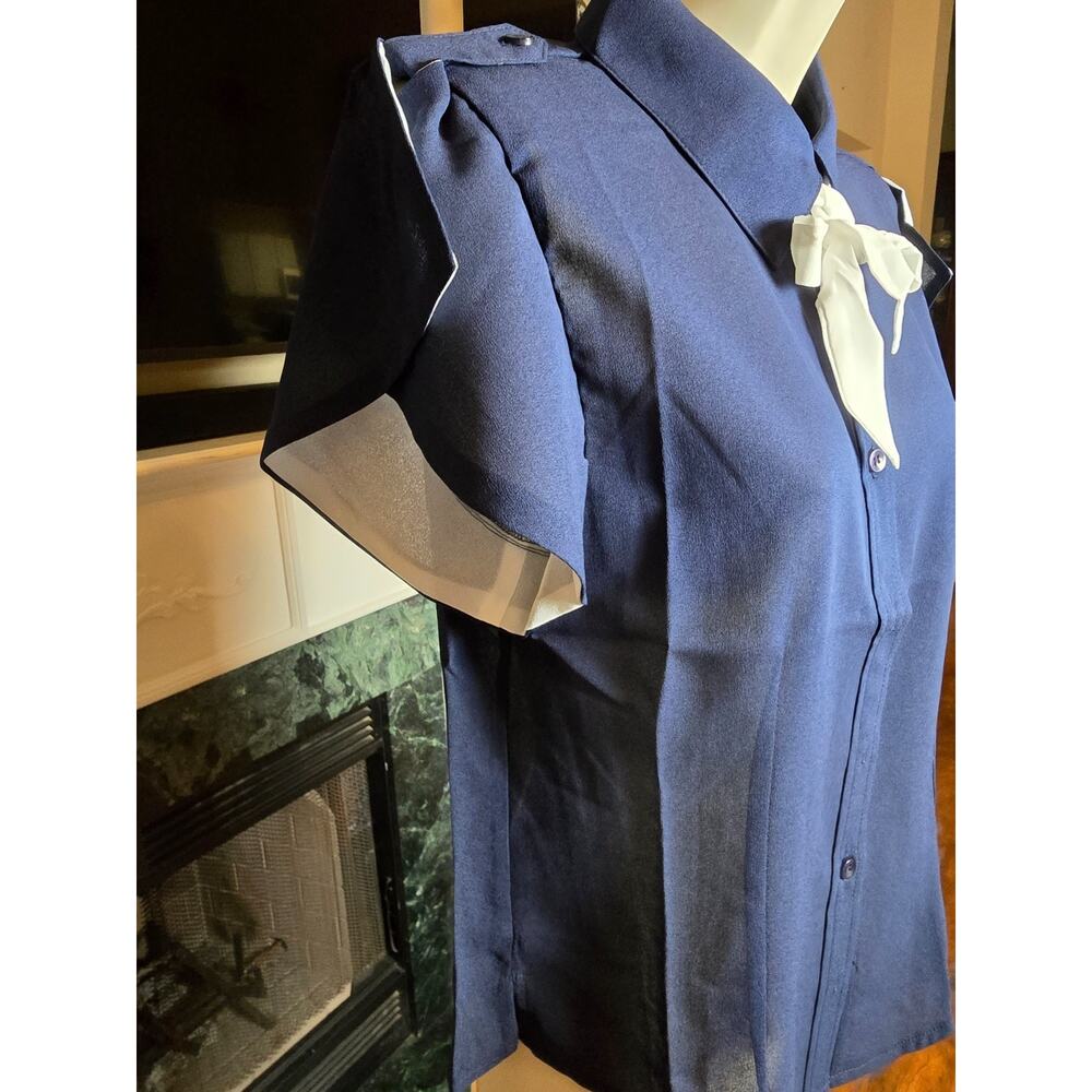 Tulip B Medium Navy Ivory Tie Neck Flutter Sleeve Button Front Blouse NWT - Picture 6 of 7